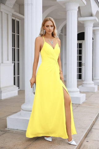 Ladies Chiffon Spaghetti Strap V Neck Front Slit Floor Length Bridesmaid Evening Dress Prom Party Wedding Evening Dress 28116