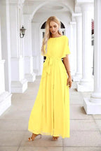 Ladies Chiffon Sleeve Crew Neck Front Slit Floor Length Bridesmaid Evening Dress Wedding Party Evening Dress 28124 by numbersea