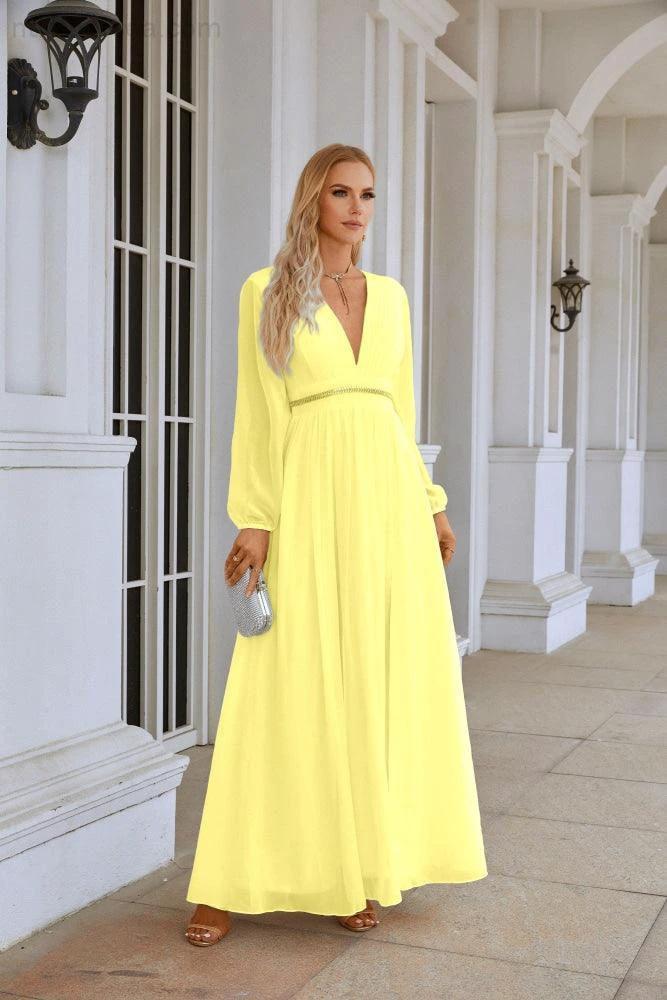 Ladies V Neck Chiffon Long Sleeve Front Slit Bridesmaid Evening Dress Wedding Party Shopping Evening Dress 28109 by numbersea
