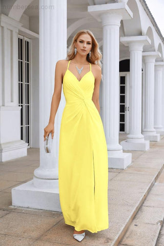Ladies Chiffon Spaghetti Strap V Neck Front Slit Floor Length Bridesmaid Evening Dress Prom Party Wedding Evening Dress 28116