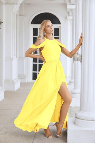Ladies Chiffon Off Shoulder Swing Sleeve Front Slit Bridesmaid Evening Dress Wedding Party Evening Dress 28117