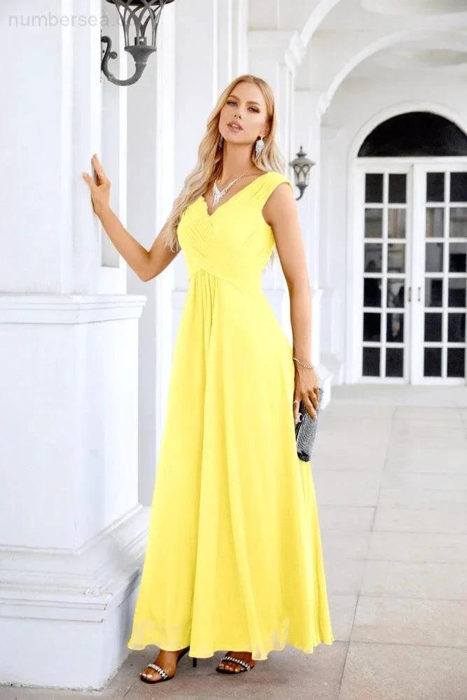 Ladies Chiffon V Neck Sleeveless Floor Length Bridesmaid Evening Dress Wedding Party Evening Dress 28126 by numbersea