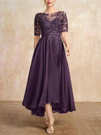 A-line Scoop Illusion Asymmetrical Chiffon Lace Mother of the Bride Dress With Sequins by Dreamylily