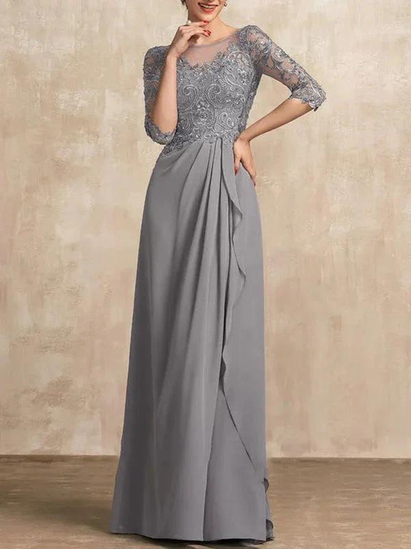 A-line Scoop Illusion Floor-Length Chiffon Lace Mother of the Bride Dress With Beading Sequins Cascading Ruffles by Dreamylily