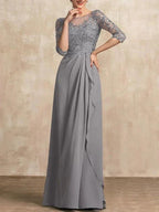 A-line Scoop Illusion Floor-Length Chiffon Lace Mother of the Bride Dress With Beading Sequins Cascading Ruffles by Dreamylily
