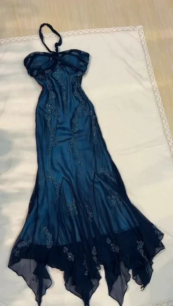 Vintage Halter Beaed Navy Blue Chiffon Mermaid Prom Dress Long Party Evening Dress Y7504 by simplepromdress
