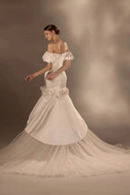 Gorgeous Long Mermaid Off-the-Shoulder Puff Sleeve Satin Wedding Dress with 3D Flower & Lace-Up Back & Tulle Train Q6012 by ZAPDRESS