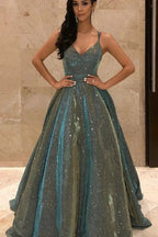 Shimmering Long A-line Spaghetti Straps Sleeveless V-Neck Sequins Prom Dress by BIZTUNNEL
