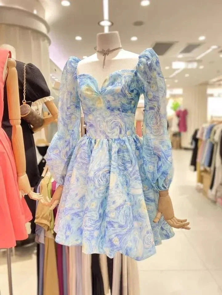 Vintage Print Homecoming Dress with Long Sleeves Party Dress Y2511 by simplepromdress