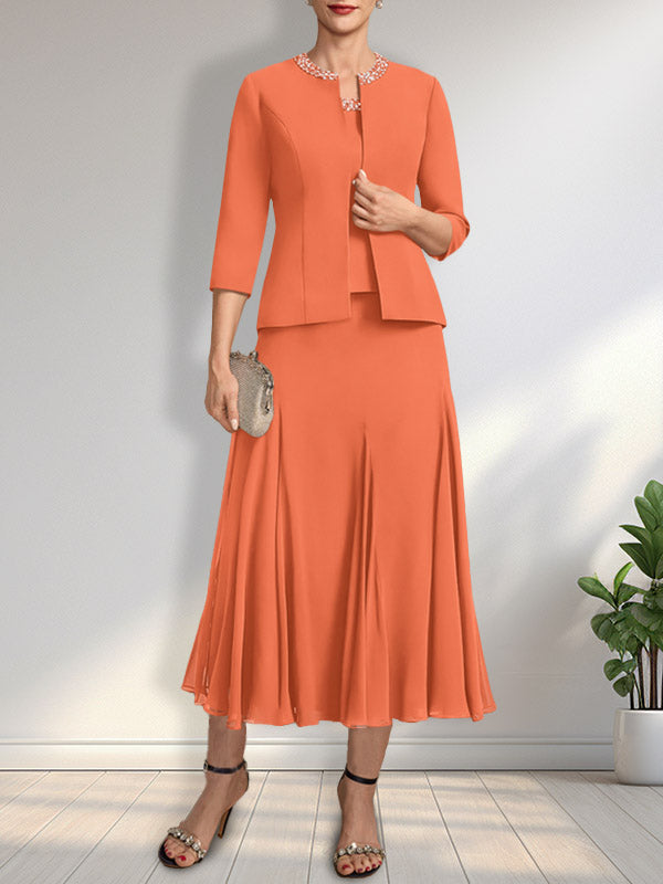 Separates A-line Scoop Tea-Length Chiffon Mother of the Bride Dress With Sequins Beading