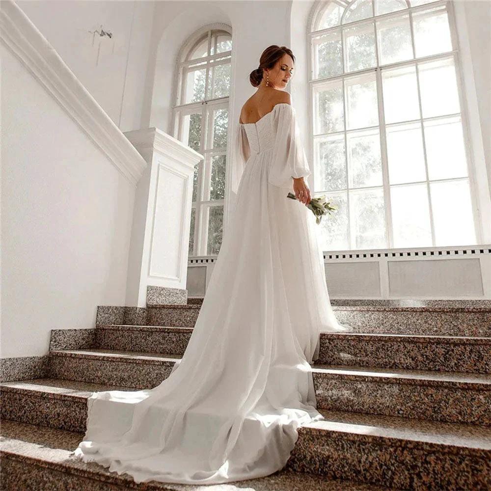 Off the Shoulder Chiffon Boho Wedding Dress 2022 V-Neck Long Lantern Sleeves A-Line Beach Bridal Gowns vestidos de novia by payinti