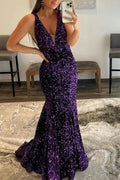 Purple V-Neck Open Back Long Mermaid Prom Dress with Featuring Sequins by BIZTUNNEL
