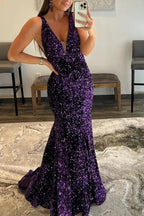 Purple V-Neck Open Back Long Mermaid Prom Dress with Featuring Sequins by BIZTUNNEL