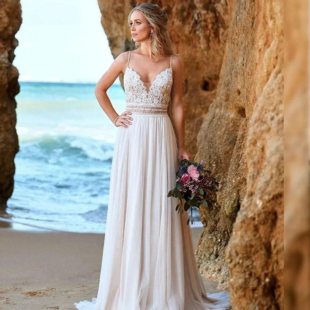 Simple Backless Chiffon V-Neck Bohemian Wedding Dress for Bride Lace Applique Sleeveless Beach Bridal Gown Robe De Mariée by payinti