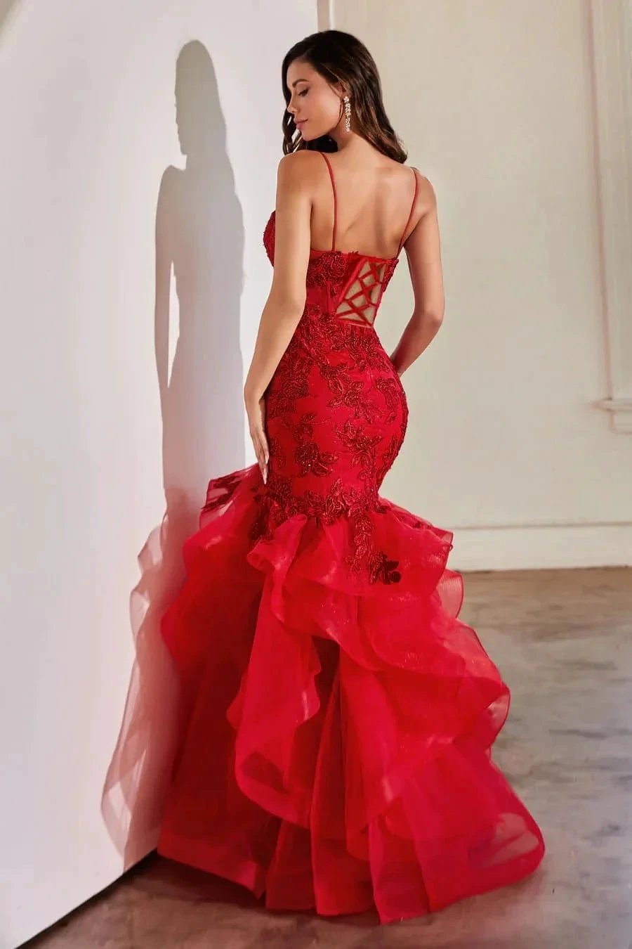 Women's Lace Applique Tulle Prom Dresses Long Mermaid Ruffles Sparkly Formal Evening Party Gown by Sunnderly