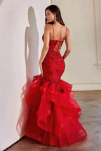 Women's Lace Applique Tulle Prom Dresses Long Mermaid Ruffles Sparkly Formal Evening Party Gown by Sunnderly