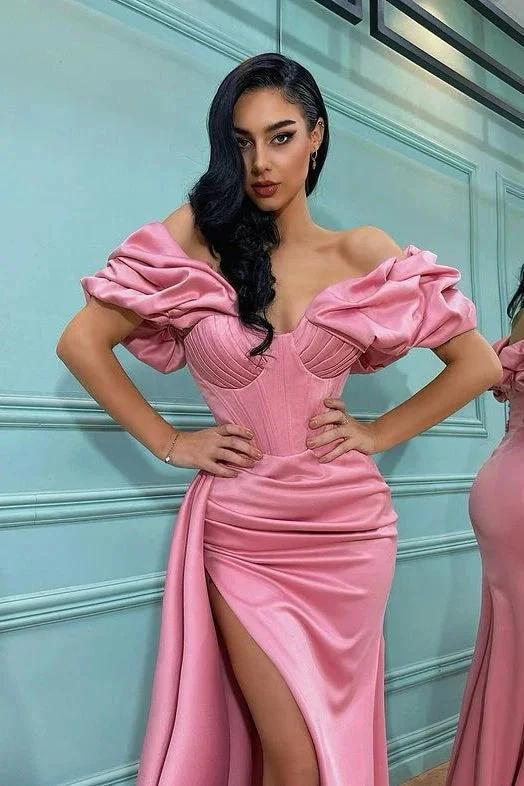 Split Front Rose Petal Pink Mermaid Prom Dress with Off-The-Shoulder by BIZTUNNEL