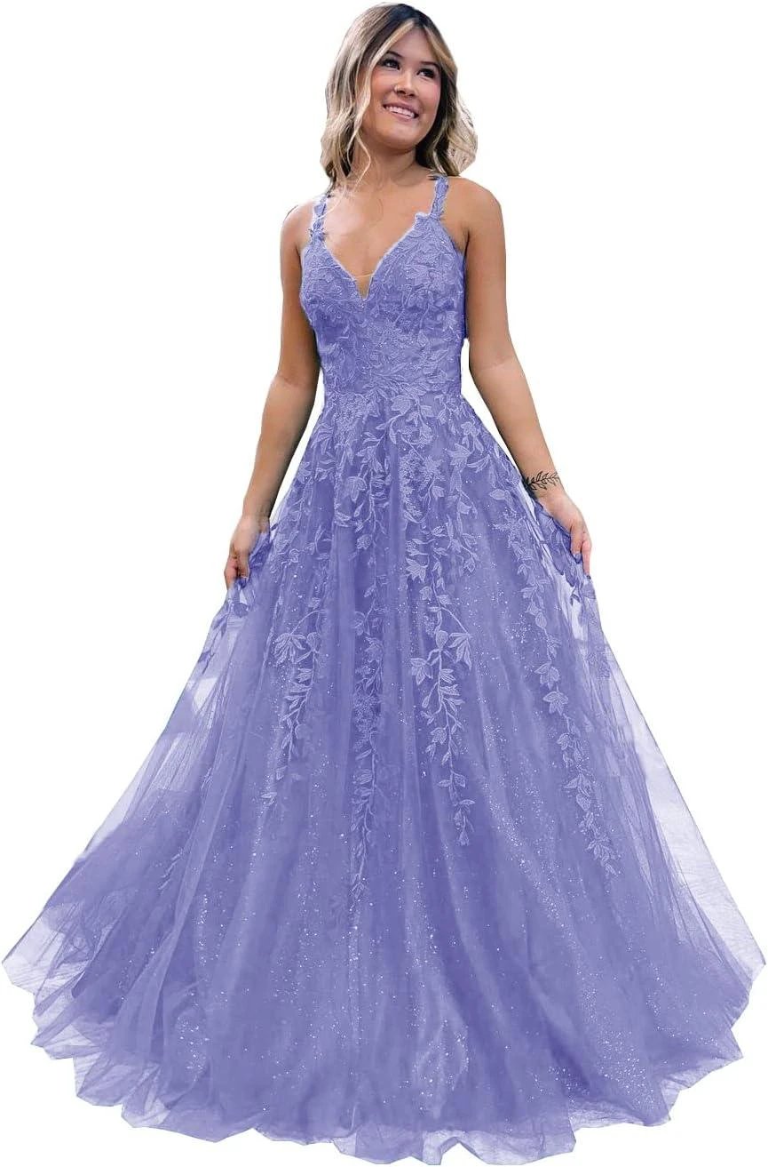 Floral Lace Glitter Tulle Prom Dress Long Ball Gown V Neck Formal Evening Dress Maxi Party Gown by Sunnderly