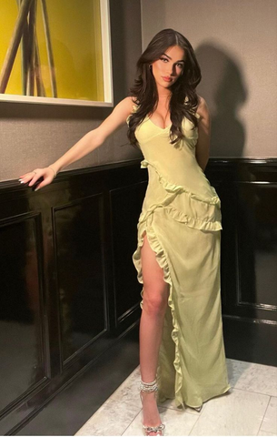 Vestido de noche amarillo largo con volantes y abertura sexy Y7659
