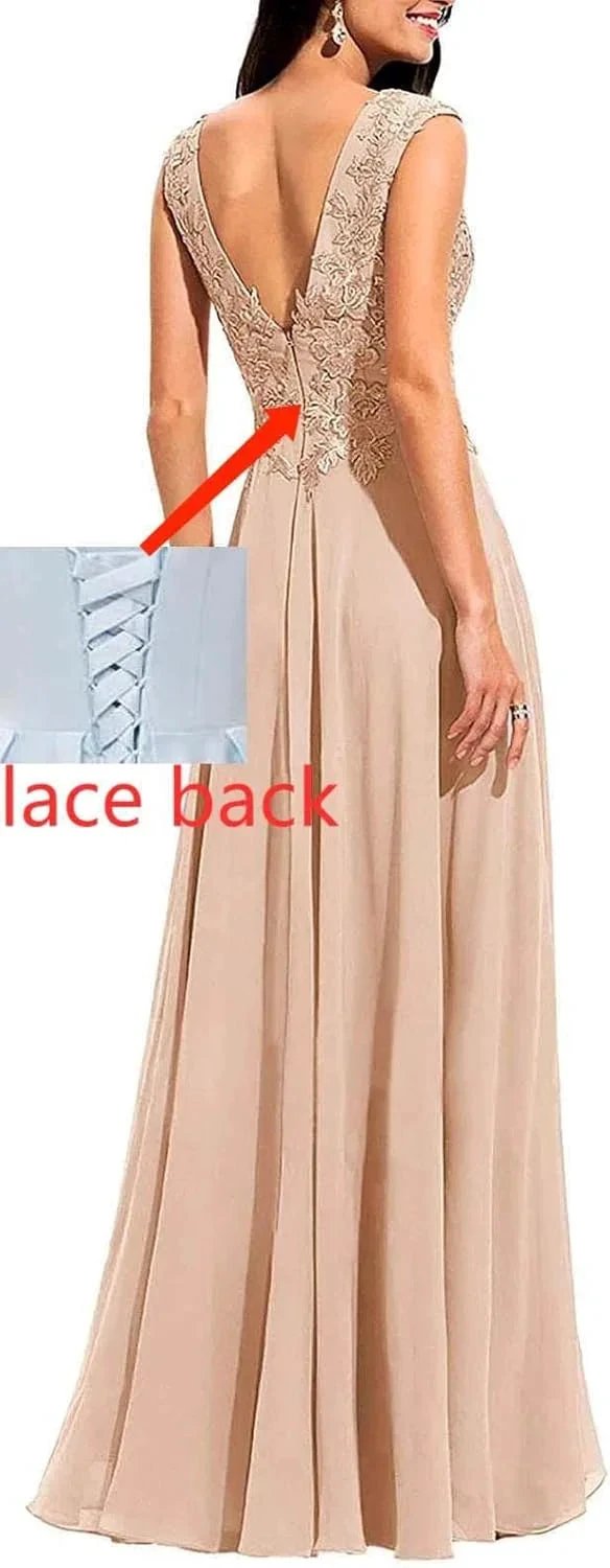 Chiffon Appliques Bridesmaid Dress Long V Neck Beaded Wedding Guest Gown with Split by Sunnderly