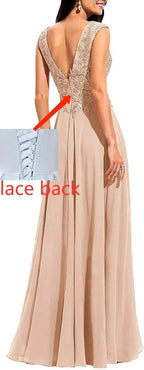 Chiffon Appliques Bridesmaid Dress Long V Neck Beaded Wedding Guest Gown with Split by Sunnderly