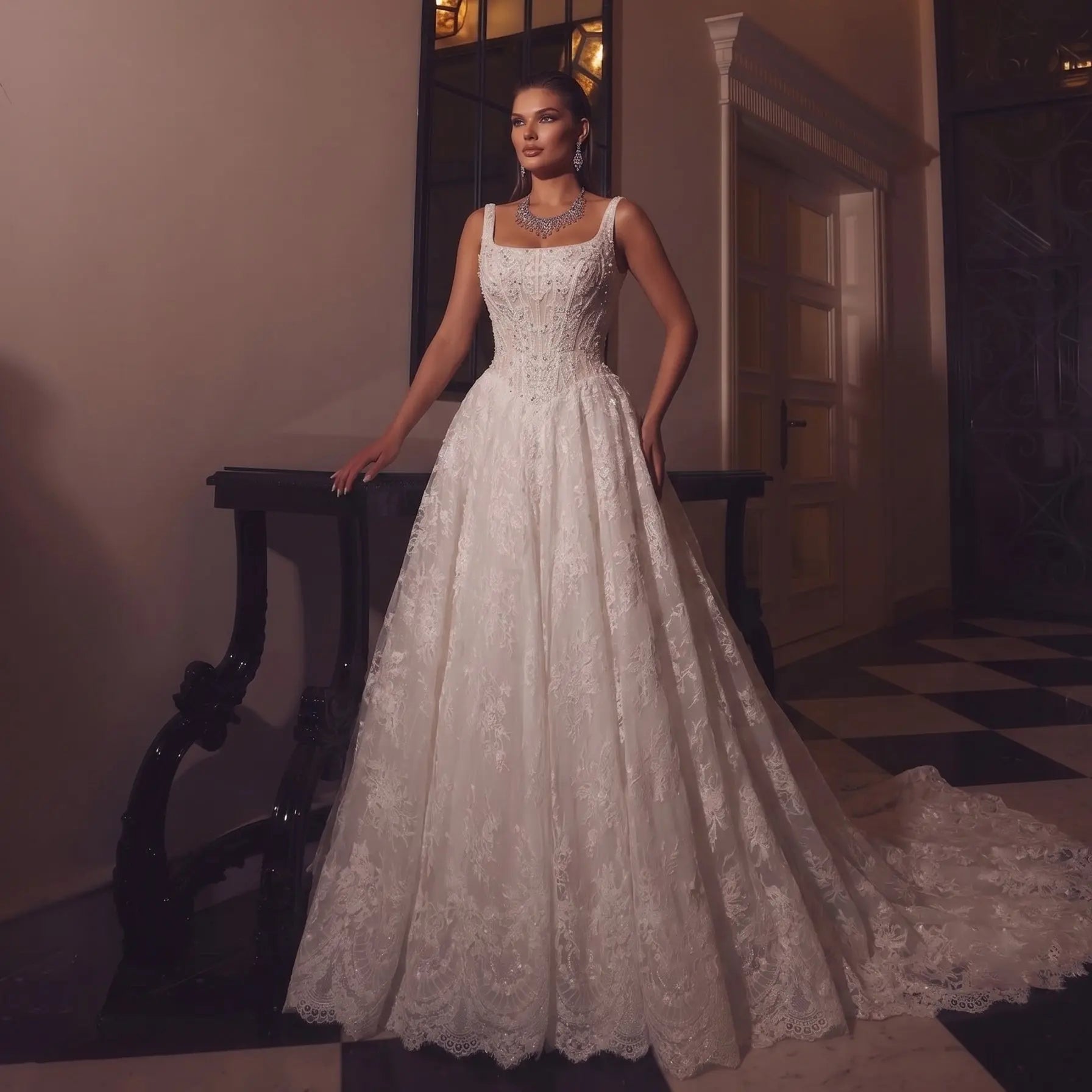 White Lace Spaghetti Strap Bridal Gown Square Neck Beaded Corset Ball Gown SW612