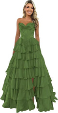Strapless Corset Prom Dresses for Women 2025 Long Tiered Ruffle Chiffon Formal Evening Gown with Slit by Sunnderly