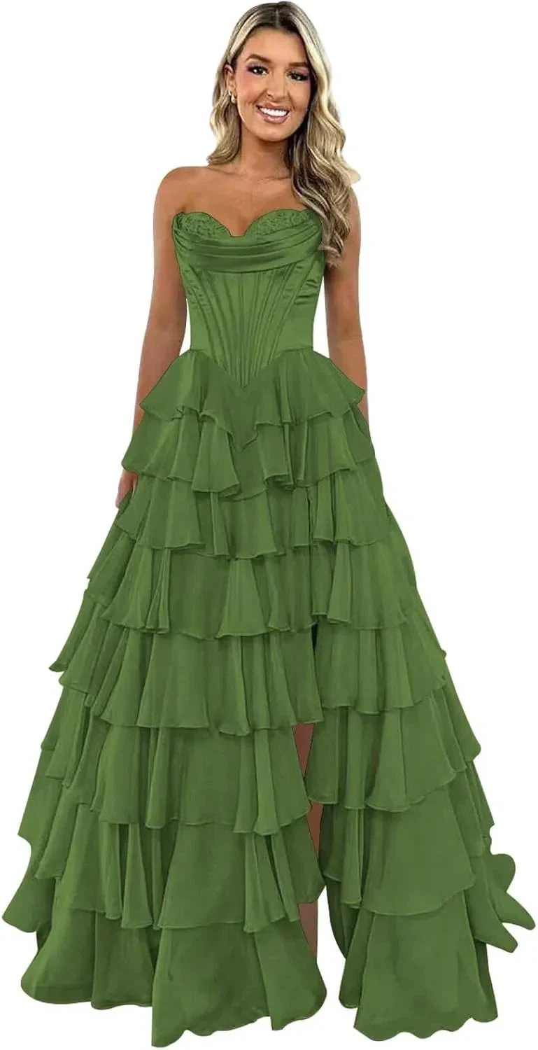 Strapless Corset Prom Dresses for Women 2025 Long Tiered Ruffle Chiffon Formal Evening Gown with Slit by Sunnderly