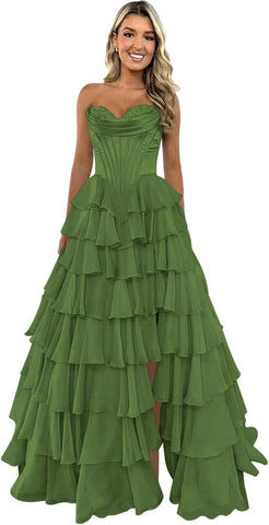 Vestidos de fiesta con corsé sin tirantes para mujer 2025, vestido de noche formal de gasa con volantes escalonados y abertura 