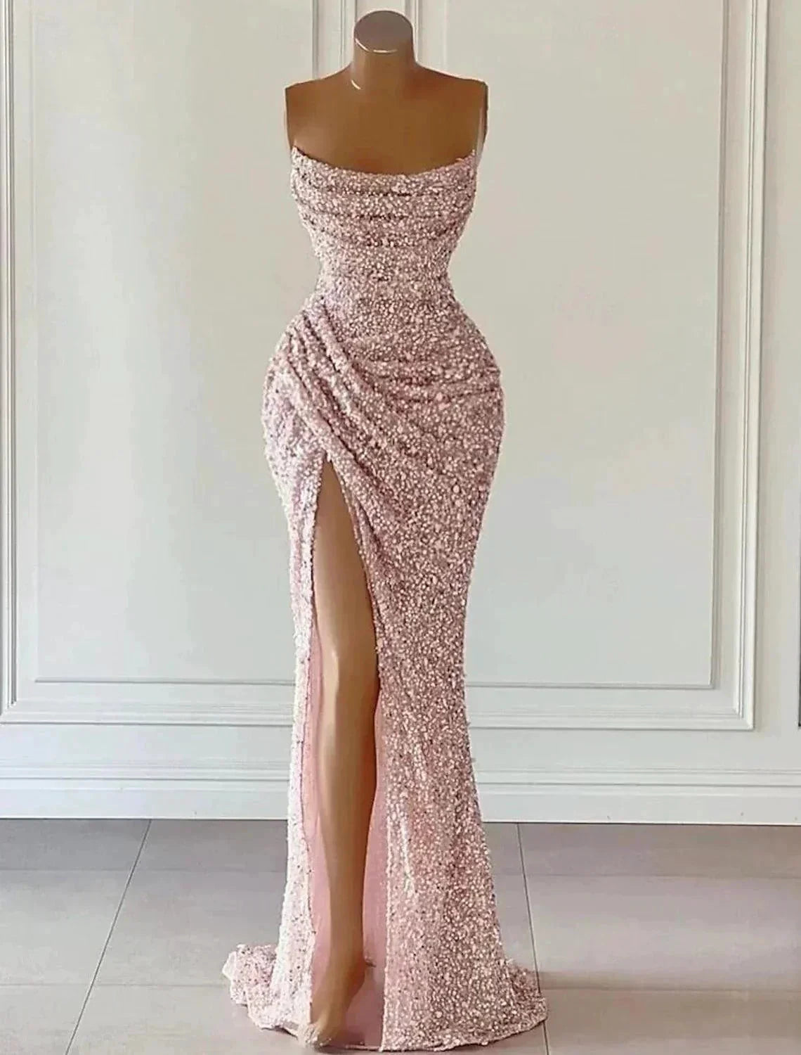 Elegant Dress Formal Prom Floor Length Sleeveless Strapless Sequined with Glitter Sequin Prom Dresses by Aabei Dress