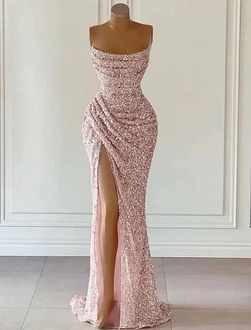 Elegantes Kleid, formeller Abschlussball, bodenlang, ärmellos, trägerlos, mit Pailletten und Glitzer-Pailletten, Abschlussballkleider