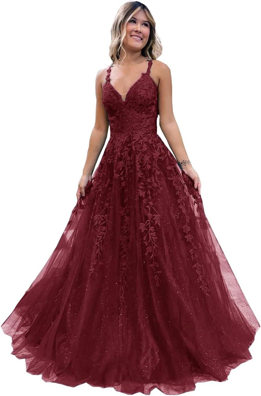 Floral Lace Glitter Tulle Prom Dress Long Ball Gown V Neck Formal Evening Dress Maxi Party Gown by Sunnderly