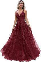 Floral Lace Glitter Tulle Prom Dress Long Ball Gown V Neck Formal Evening Dress Maxi Party Gown by Sunnderly