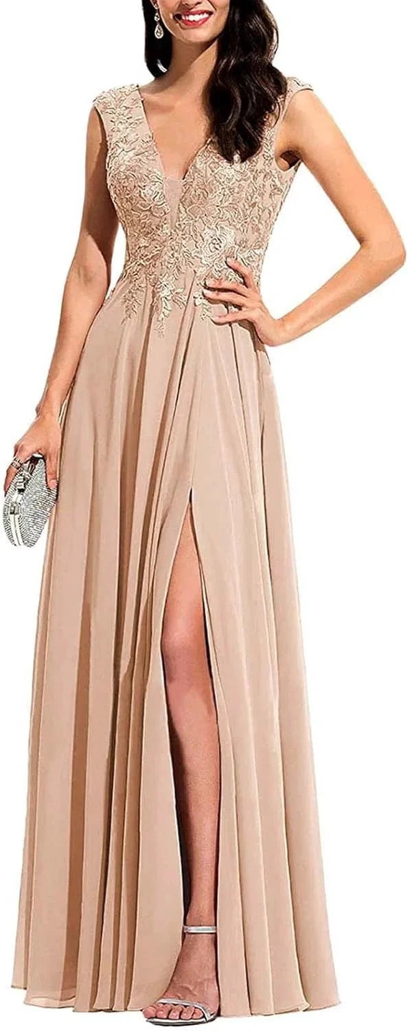 Chiffon Appliques Bridesmaid Dress Long V Neck Beaded Wedding Guest Gown with Split by Sunnderly