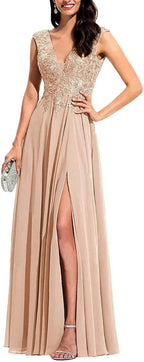 Chiffon Appliques Bridesmaid Dress Long V Neck Beaded Wedding Guest Gown with Split by Sunnderly