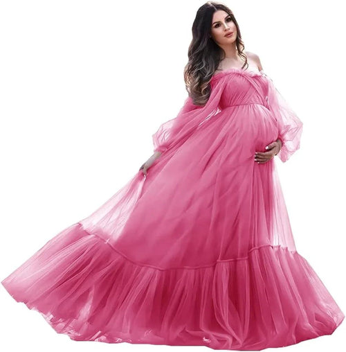 Puffy Sleeve Maternity Dress Tulle Robe for Photoshoot Off Shoulder Pregnancy Baby Shower Gown by Sunnderly