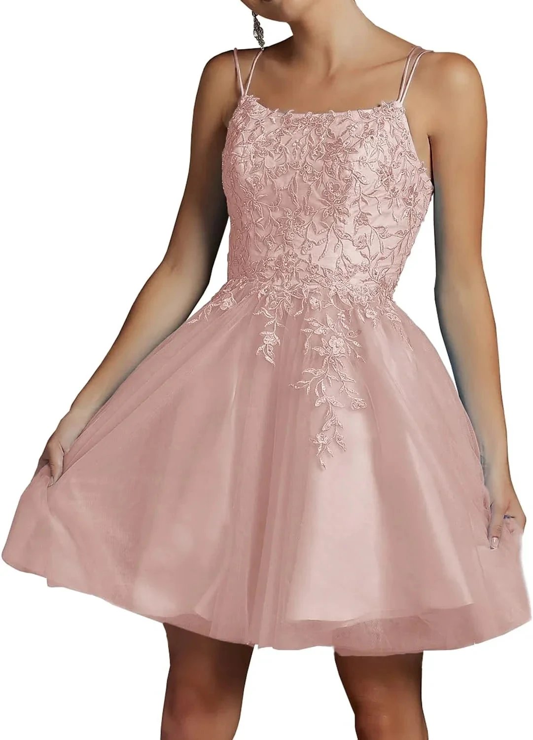 Modest Lace Beaded Tulle Homecoming Dresses Short Square Neck Prom Dress Spaghetti Straps Party Gown by Sunnderly