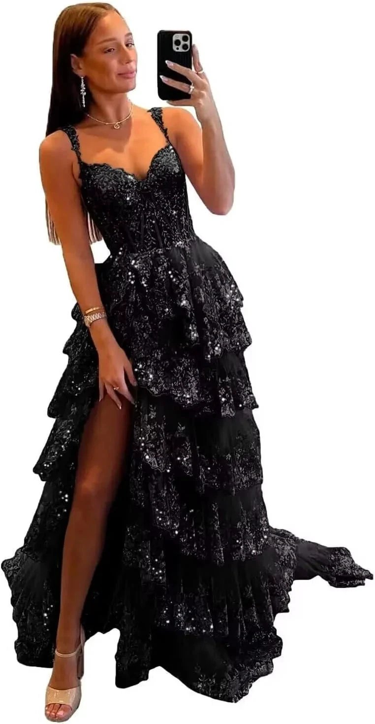 Sparkly Tiered Lace Tulle Prom Dresses Long 2025 Spaghetti Straps Formal Corset Evening Gown with Slit by Sunnderly