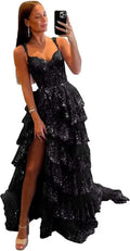 Sparkly Tiered Lace Tulle Prom Dresses Long 2025 Spaghetti Straps Formal Corset Evening Gown with Slit by Sunnderly