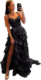 Sparkly Tiered Lace Tulle Prom Dresses Long 2025 Spaghetti Straps Formal Corset Evening Gown with Slit by Sunnderly