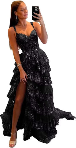Vestidos de fiesta de tul con encaje escalonado brillante, largos, 2025, tirantes finos, vestido de noche formal con corsé y abertura 