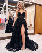 Sparkly Tiered Lace Tulle Prom Dresses Long 2025 Spaghetti Straps Formal Corset Evening Gown with Slit by Sunnderly
