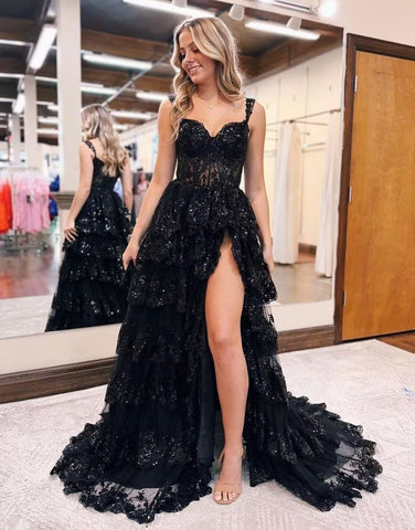 Vestidos de fiesta de tul con encaje escalonado brillante, largos, 2025, tirantes finos, vestido de noche formal con corsé y abertura 