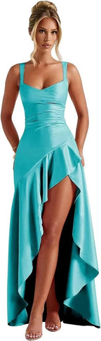 Satin Ruffles Prom Dresses for Teens Hi-Low Aline Cocktail Dresses for Women QA204 by Sunnderly