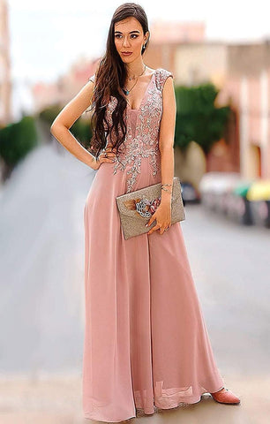 Vestido de dama de honor con apliques de gasa, cuello en V largo, cuentas, para invitada de boda con abertura 