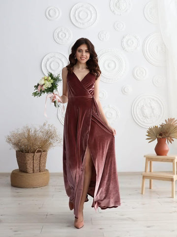 Vestido de dama de honor largo de terciopelo con escote en V para mujer, vestido formal de fiesta de graduación con abertura 