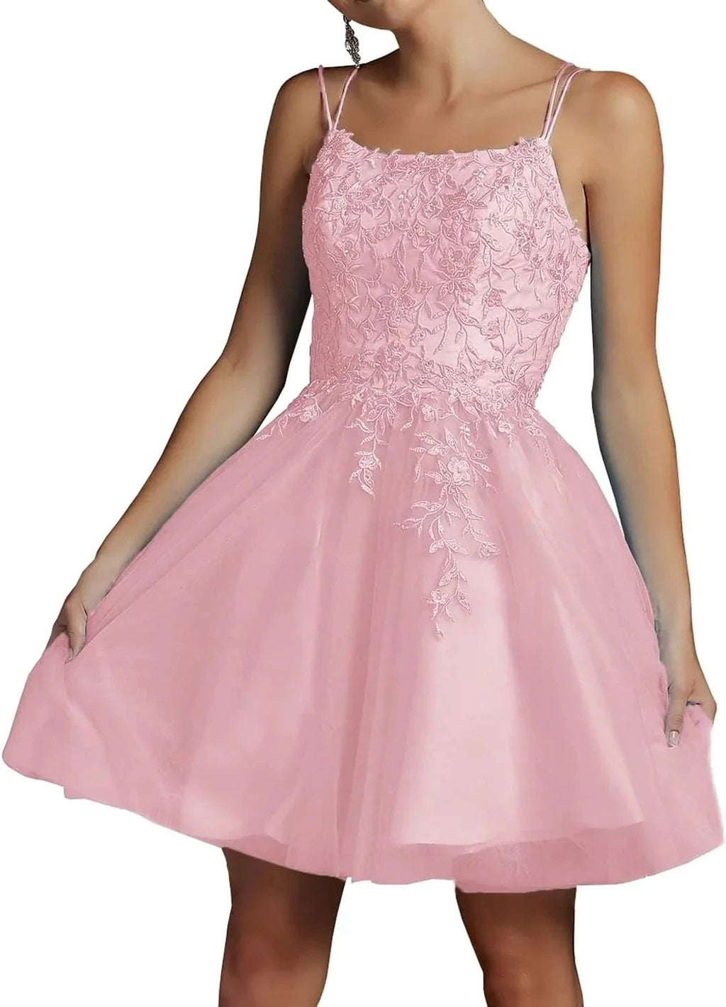 Modest Lace Beaded Tulle Homecoming Dresses Short Square Neck Prom Dress Spaghetti Straps Party Gown by Sunnderly