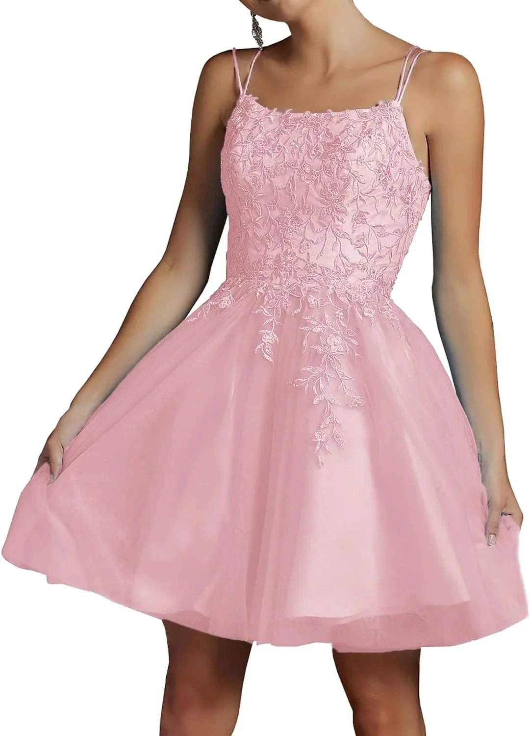 Modest Lace Beaded Tulle Homecoming Dresses Short Square Neck Prom Dress Spaghetti Straps Party Gown by Sunnderly