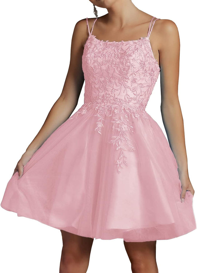 Modest Lace Beaded Tulle Homecoming Dresses Short Square Neck Prom Dress Spaghetti Straps Party Gown Hover Image