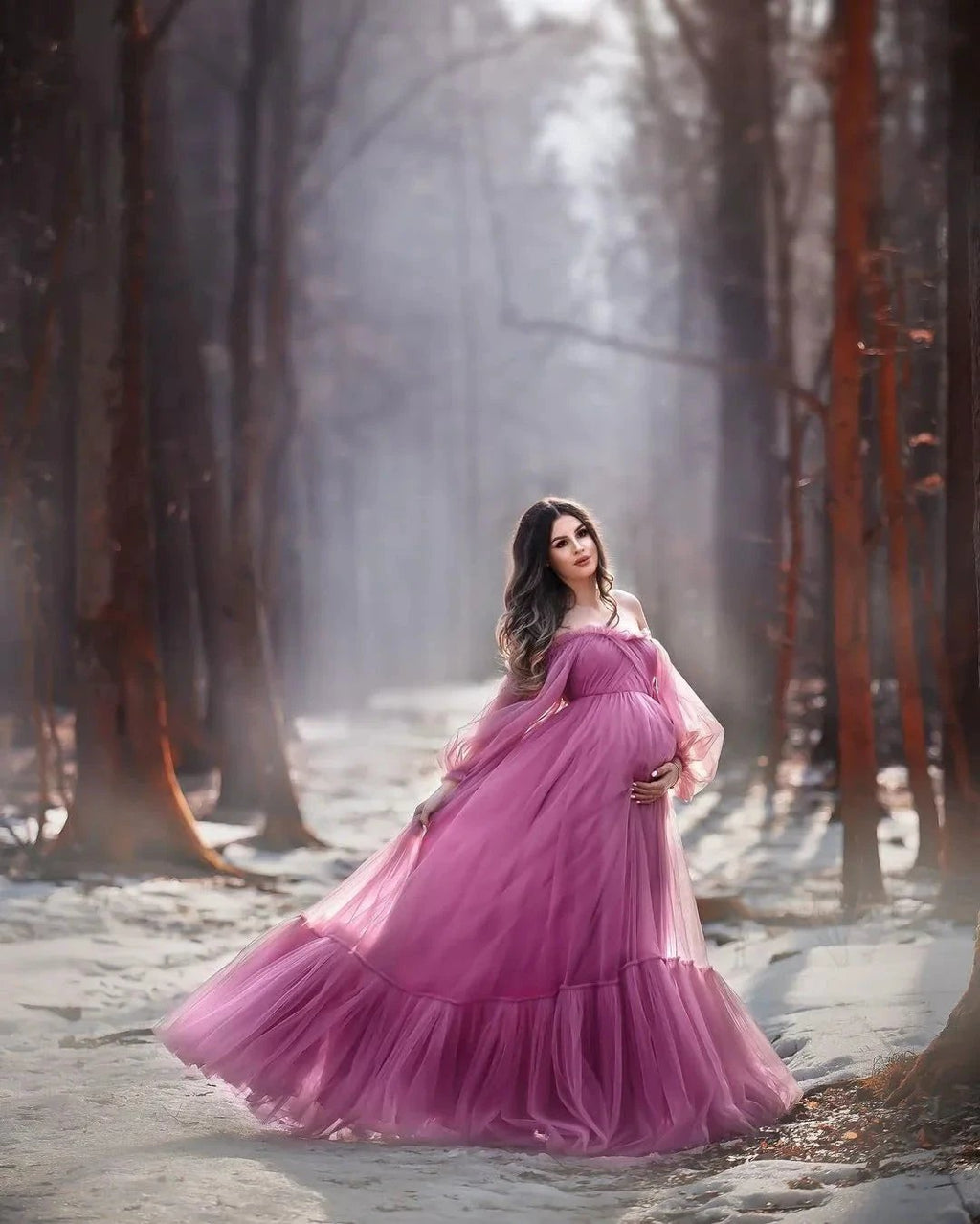 Puffy Sleeve Maternity Dress Tulle Robe for Photoshoot Off Shoulder Pregnancy Baby Shower Gown by Sunnderly